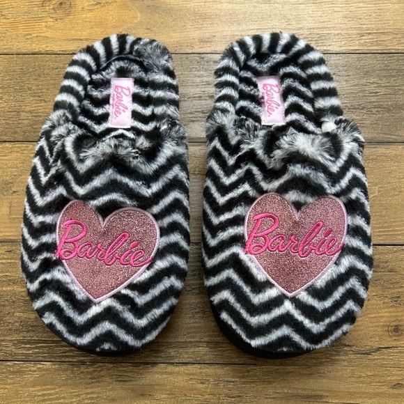 BARBIE Zebra Print Slippers Pink Glittery Heart Barbie embroidery | Size 6.6-7.5 - Picture 1 of 9